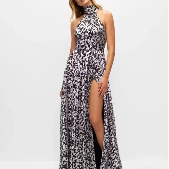 Melanie Lyne NWT Metallic Printed High Slit Gown Size 2 - Picture 2 of 7